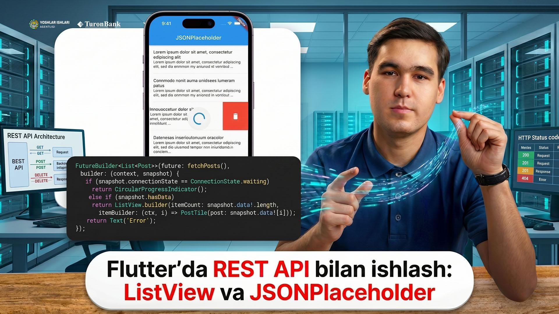 Flutter’da REST API bilan ishlash: ListView.builder, JSONPlaceholder’dan ma’lumot olish, postlarni o‘chirish va loading holatini boshqarish