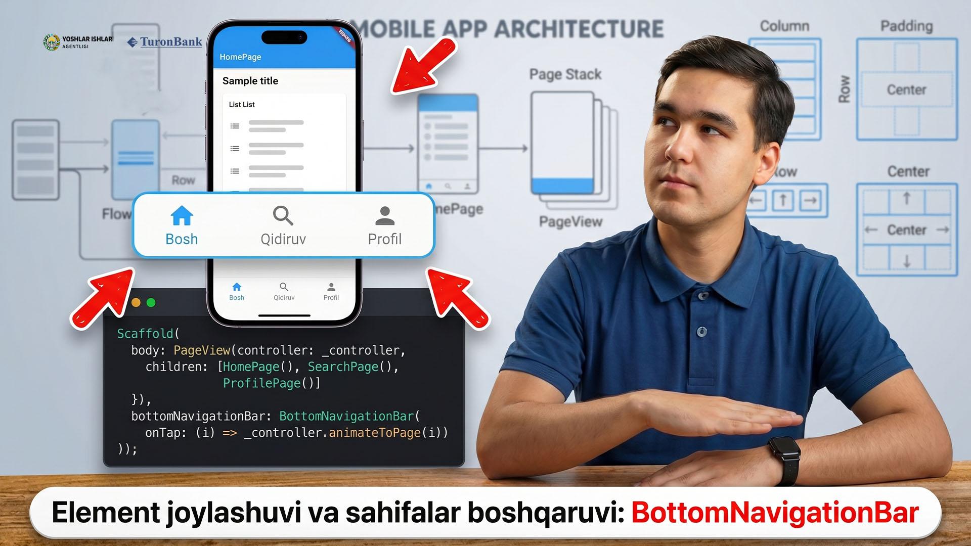 Flutter’da element joylashuvi (Column, Center, Padding) va sahifalar boshqaruvi (BottomNavigationBar + PageView)