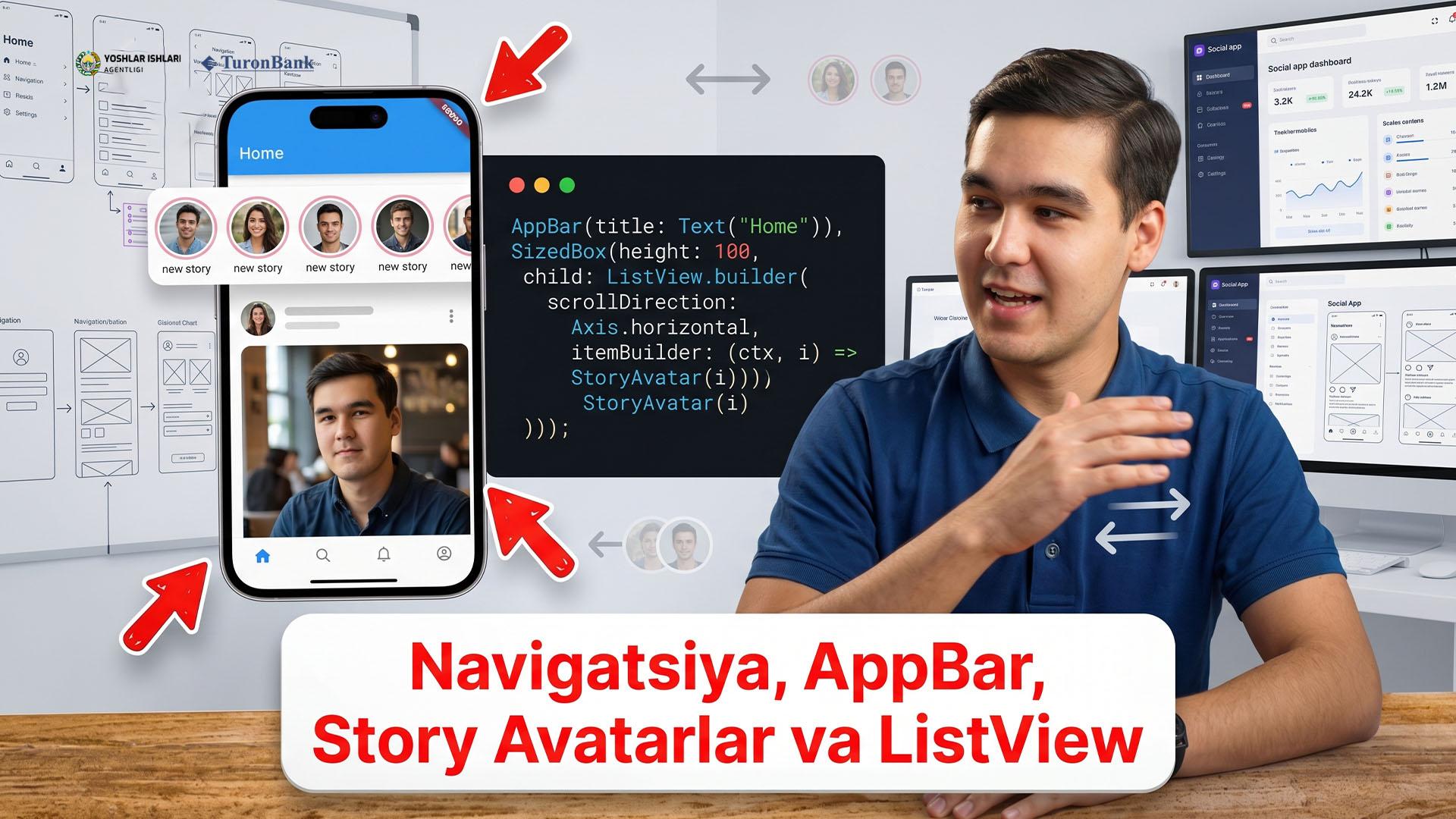Flutter UI Layout — Navigatsiya, AppBar, Story Avatarlar, va Gorizontal ListView bilan ishlash