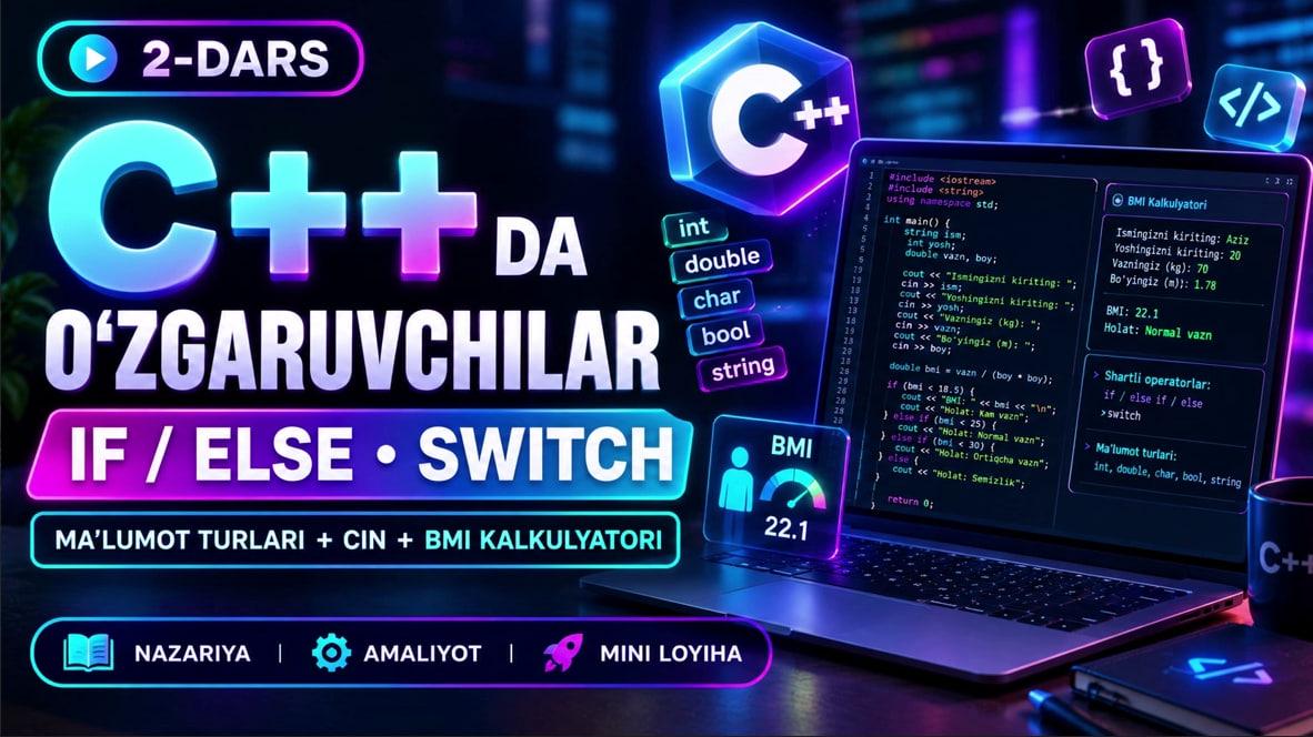 C++ da O‘zgaruvchilar, Ma’lumot Turlari va Shartli Operatorla