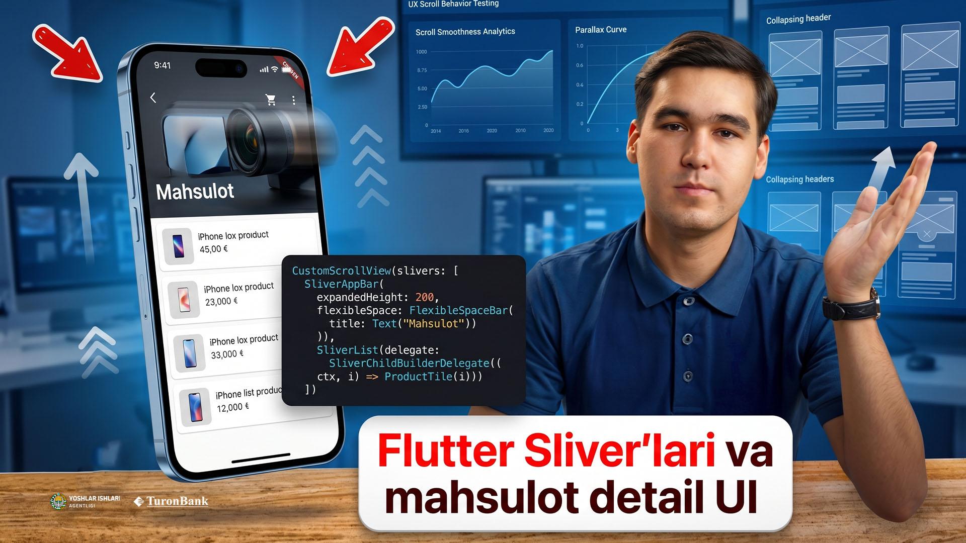 Flutter Sliver’lari (SliverAppBar, SliverList, SliverToBoxAdapter) va mahsulot detail UI