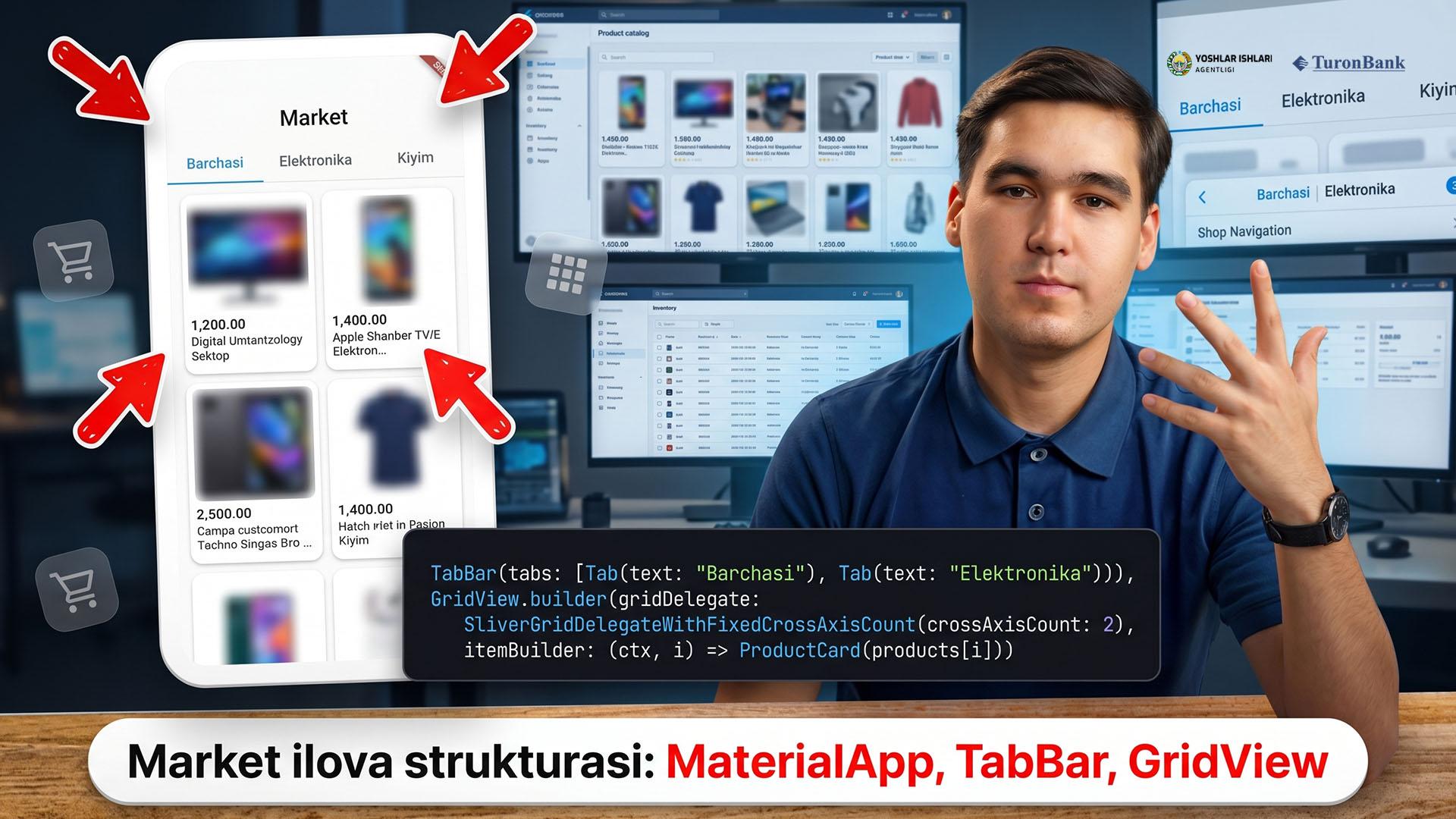 Flutter’da market ilova strukturasi — MaterialApp, TabBar, GridView va Model (ProductModel) bilan ishlash