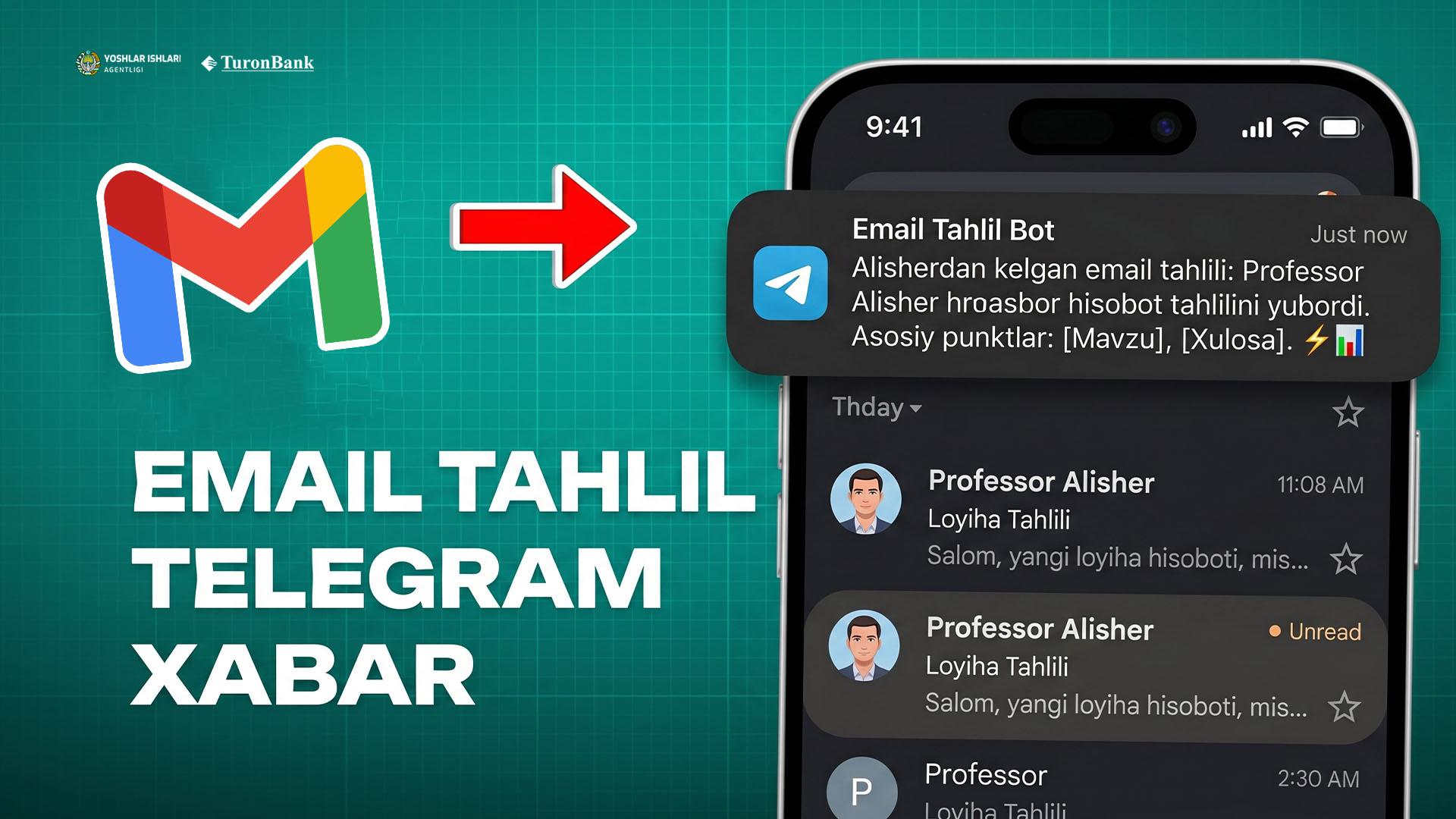 Kelgan emaillarni taxlil qilib, sizga telegramdan jo’natadigan AI agent qurish