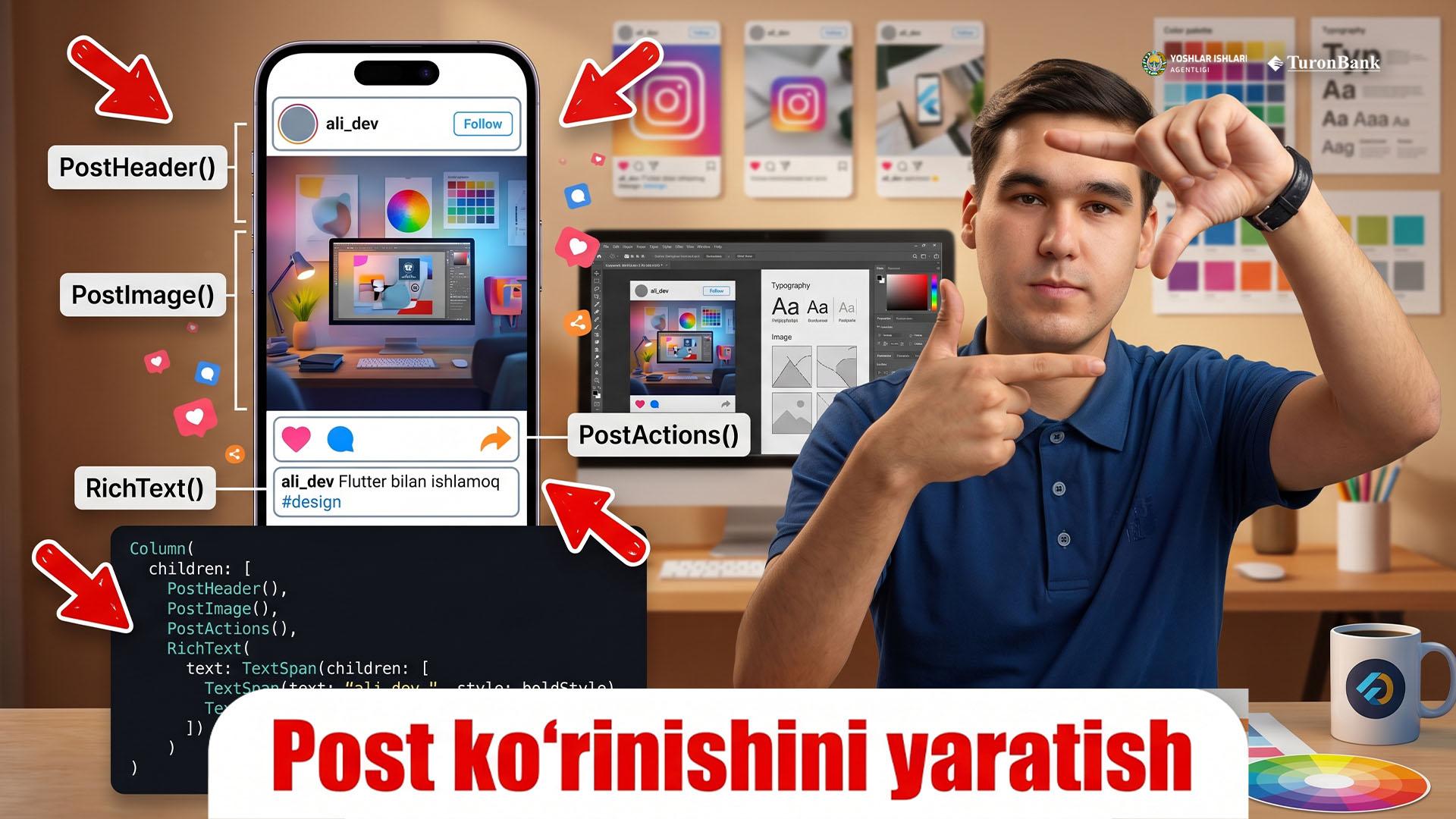  Flutter UI — Post ko‘rinishini yaratish (PageView, Image, Row ikonlari, Avatarlar va RichText bilan ishlash)