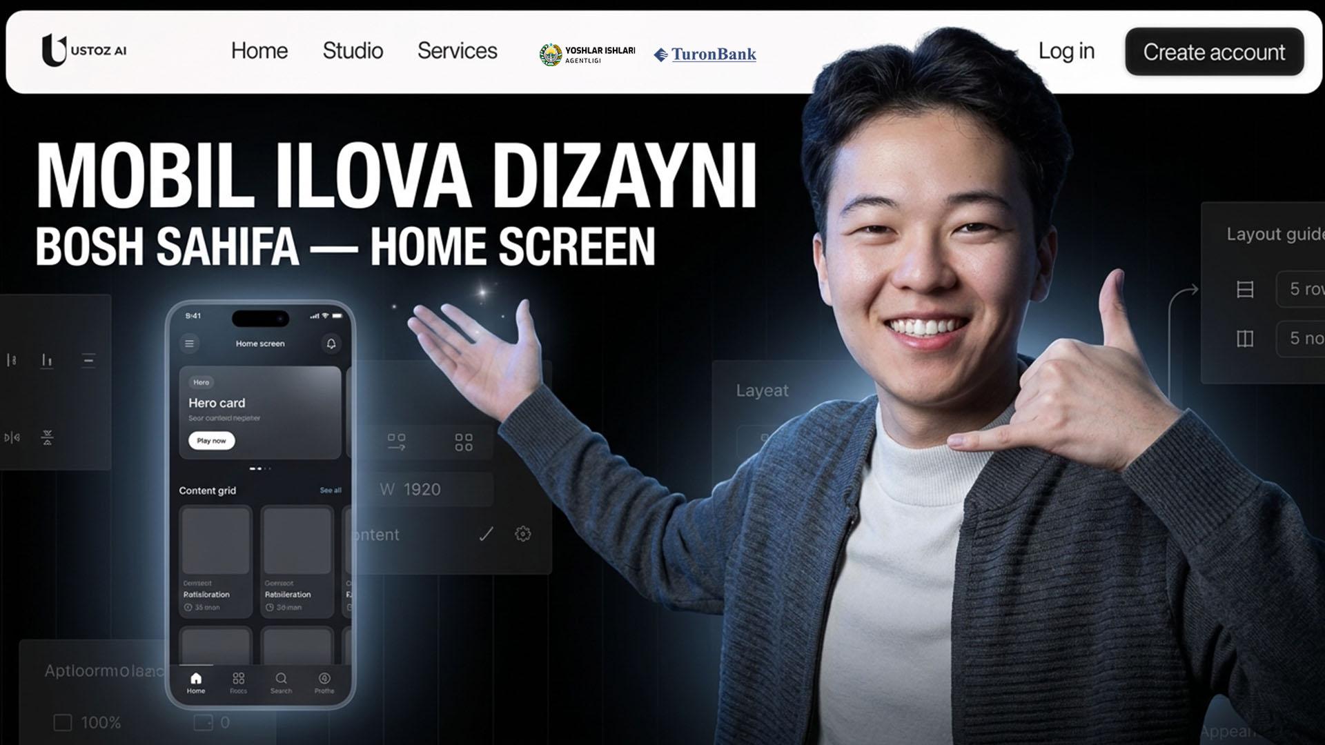 Real mobil ilova dizayni — bosh sahifasi (Home)