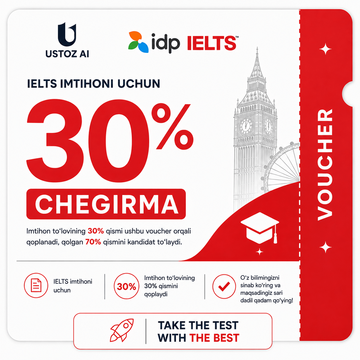 ๐ IDP IELTS โ 30% chegirmali vaucher - 1